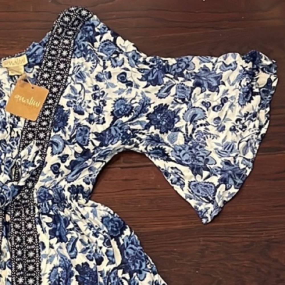 NALINI Top Kimono Rayon Blue White Floral Print Tie Front Size Medium One Size - Picture 5 of 6